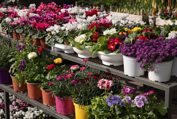 Variety of beautiful spring flowering plants potted outdoor of the greek garden shop in spring.