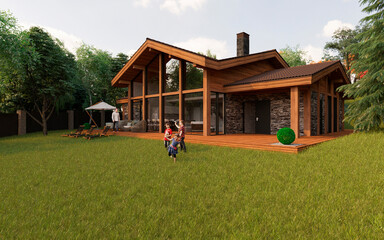 Fototapeta na wymiar Half-timbered house in the forest. Beautiful house with a terrace. 3D visualization
