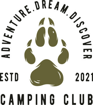 Camping footprint for travel print. Sole, pets footsteps, dog paw, wolf, feline foot for hiking and expedition of traveler and tourist. Graphic design for trip adventure. Bare walking feet