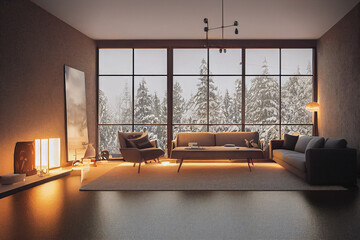 Beautiful Winter Modern Luxury living interior at golden hour with staged furniture Made with Generative Ai