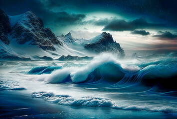 Storm on the ocean. Beautiful landscape of Islandia, Norway, Generative AI