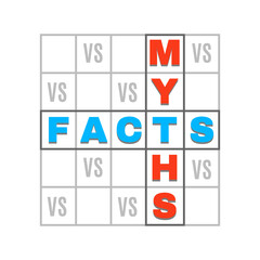 Myths vs facts icon. Truth and false, true versus lie, reality against fiction isolated badge. Fake news, fact checking or myth busting quiz emblem in shape of isolated crossword game grid