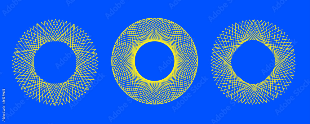 Aufkleber set of 3d twisted yellow spirals. geometry tunnel with lines. abstract style technology. vector illu