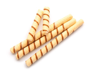 Tasty wafer rolls isolated on white background