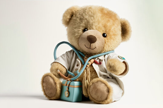 Cute image of the teddy bear doctor with a stethoscope on clean background. Generative AI.