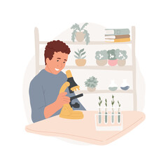 Biology isolated cartoon vector illustration. Young researcher looking through a microscope, enjoying biology study, people lifestyle, science hobby, hands-on activity vector cartoon.
