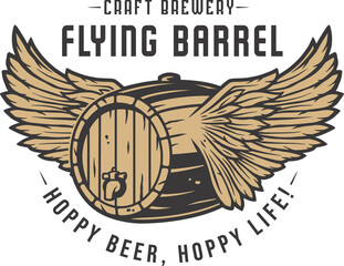 Beer fly barrel with wings for bar. Original brew design with craft beer fly keg with wings for pab or brewery