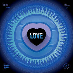 Heart beat user interface. Love mechanics concept. Saint Valentine's deign. Blue electronic neon vector illustration. Abstract pulse metrics, circles, flat round shapes. Infographic pattern background
