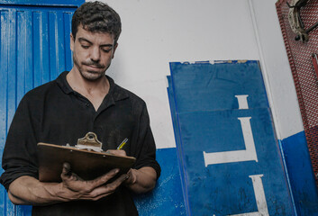 Mechanic writing on clipboard in garage