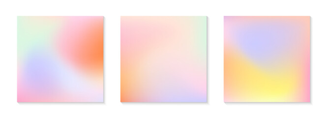 Fototapeta premium Vector set of mesh gradient backgrounds in soft pastel colors.California sunset mood.Abstract fluid illustrations in y2k aesthetic.Modern templates for banners,branding design,social media,covers.
