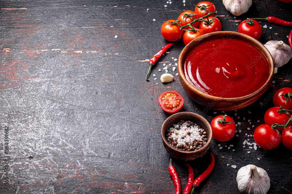 Poster tomato sauce with garlic and spices.