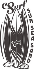 Surf board for surfing. Graphic surfboard of summer tropical hawaii for surf print of surfer