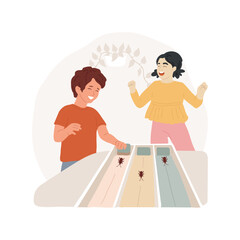 Cockroach isolated cartoon vector illustration. Young and smiling researcher looking at cockroach racing, people lifestyle and hobby, hands-on activity, liking pet insects vector cartoon.