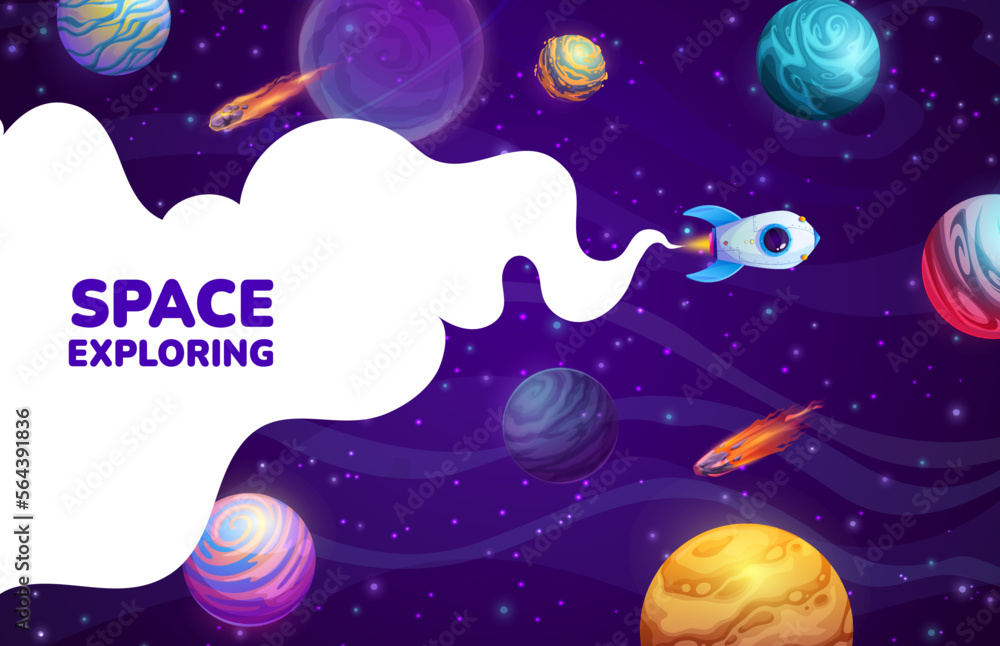 Poster Landing page space. Cartoon space rocket in galaxy landscape. Company landing page background, business project website vector layout or startup launch web page template with alien galaxy planets