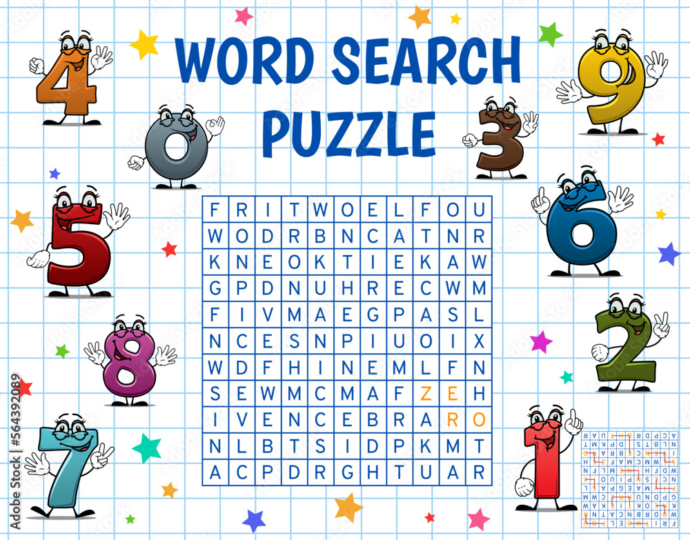 Poster cartoon school numbers and digits. word search puzzle game worksheet. child vocabulary quiz, childre