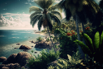Fototapeta na wymiar Tropical island with palm trees, tropical jungle coast. Generative AI.