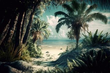 Fototapeta na wymiar Palm trees on the beach. Tropical beach scenery. Generative AI.