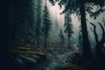 Obraz premium Light shining through the fog in a forest. Generative AI.