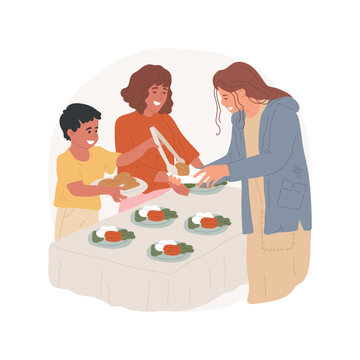 Cook food for homeless isolated cartoon vector illustration. Children cooking food for homeless together with parents, taking care of beggars, family life, personal growth vector cartoon.