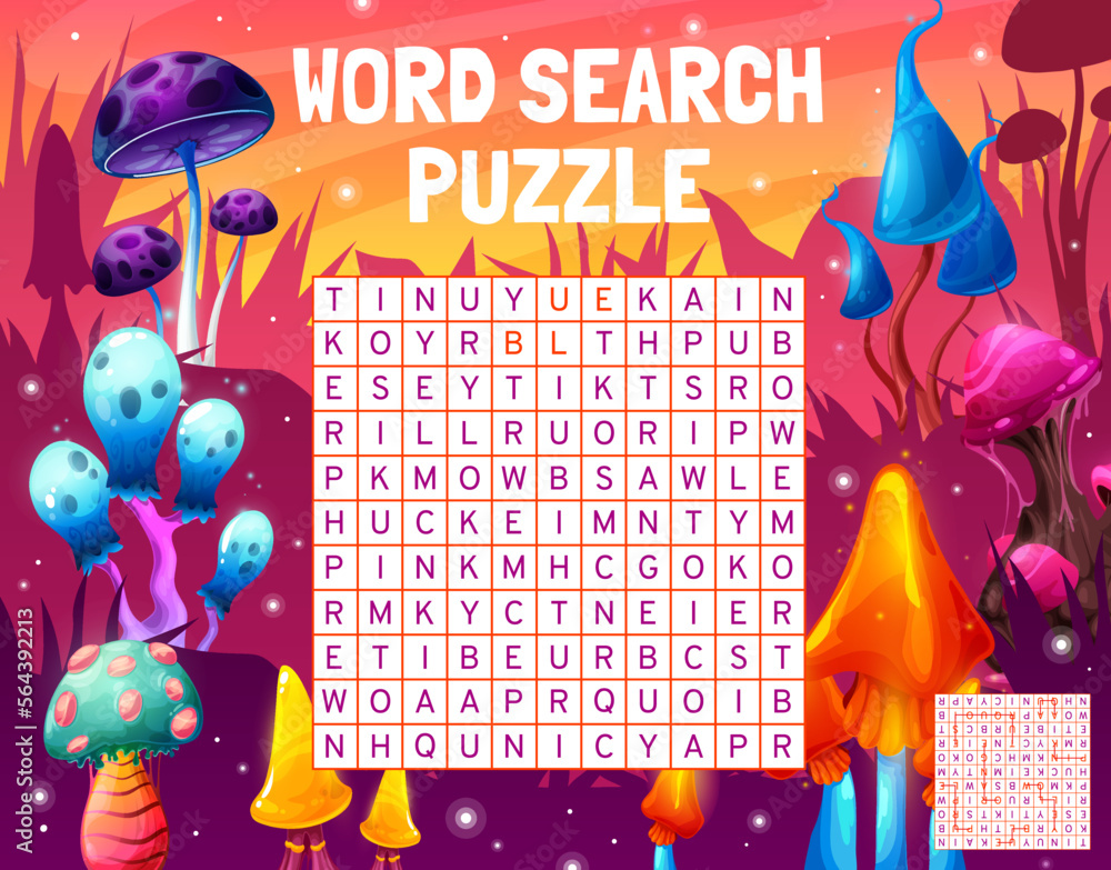 Poster magic alien mushrooms, word search puzzle game worksheet, vector quiz grid. kids riddle quiz to sear