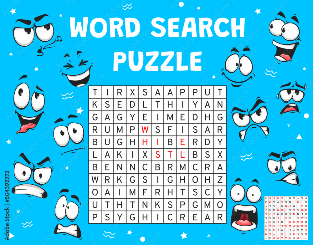 Poster Cartoon emoji face expression, word search puzzle game worksheet, vector word quiz. Search and find word grid riddle with cartoon emoticons and smile emoji expressions, word puzzle game
