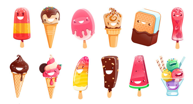 Cartoon ice cream dessert characters. Isolated vector fruit ice, waffle cone, popsicle, sandwich, gelato kawaii personages. Cold summer food, frozen bars and balls. Sweet tasty ice cream personages