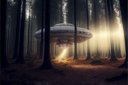 Generative ai UFO in the trees in the forest ,Rendlesham forest incident 