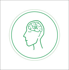 Green logo with human had and tree leaves. Thinking about nature. Vector illustration.