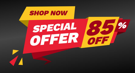 special offer 85 percent off, shop now banner design template