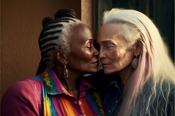 Old aged fashionable black lesbian couple deep in love and intimate moment. Have a romantic time. Instagrammable photo shot. Generative AI	