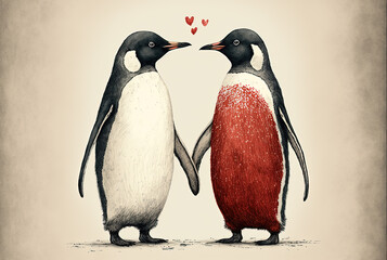 Illustration of cute penguins couple in love, animal valentine day card invitation background, vintage style. Generative AI