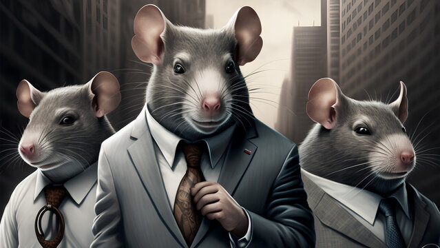 Group of corporate workers employee mouse rat in suit and tie. Team. Generative AI