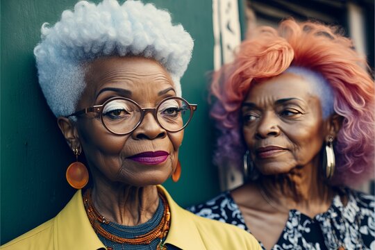 Old Aged Fashionable Black Lesbian Couple Deep In Love And Intimate Moment. Have A Romantic Time. Instagrammable Photo Shot. Generative AI	
