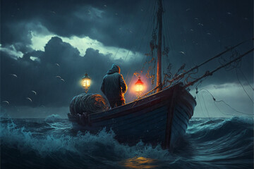 Old fisherman fishing on the opean sea. Storm on the sea. Fishind during the storm.