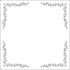 Black and white vegetal ornamental frame, decorative border, corners for greeting cards, banners, business cards, invitations, menus. Isolated vector illustration.