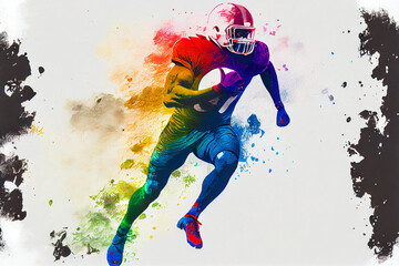 Fototapeta na wymiar Amerikanischer Football Spieler mit helm und ball in Aquarellfarben isoliert auf weißen Hintergrund - Generative Ai