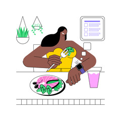 Intermittent fasting isolated cartoon vector illustrations. Woman eating and looking at watch, meal timing schedule, time-restricted fasting, healthy nutrition, weight control vector cartoon.