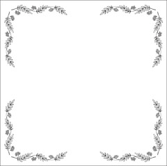 Black and white vegetal ornamental frame, decorative border, corners for greeting cards, banners, business cards, invitations, menus. Isolated vector illustration.