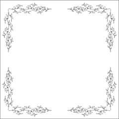 Black and white vegetal ornamental frame, decorative border, corners for greeting cards, banners, business cards, invitations, menus. Isolated vector illustration.