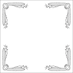 Black and white vegetal ornamental frame, decorative border, corners for greeting cards, banners, business cards, invitations, menus. Isolated vector illustration.