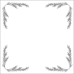Black and white vegetal ornamental frame, decorative border, corners for greeting cards, banners, business cards, invitations, menus. Isolated vector illustration.