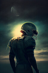 Amerikanischer Football Spieler mit helm und ball im Mondlicht - Generative Ai