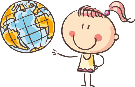 Cartoon little kid with globe, saving planet. vector illustration