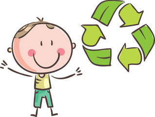 Illustration of a cartoon happy kid and recycling sign, Ecological concept, saving earth.