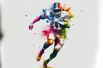 Fototapeta na wymiar Amerikanischer Football Spieler mit helm und ball in Aquarellfarben isoliert auf weißen Hintergrund - Generative Ai
