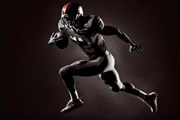 Obraz premium Amerikanischer Football Spieler mit helm und ball auf schwarzen Hintergrund - Generative Ai