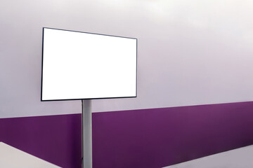 Multimedia blank white interactive TV wall display at modern technology exhibition, museum, trade show. Mock up, white screen, copyspace, template, education concept