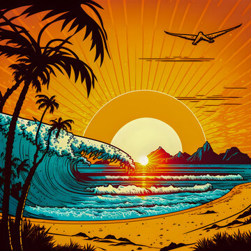 Rising sun and paradise beach background, vintage style illustration