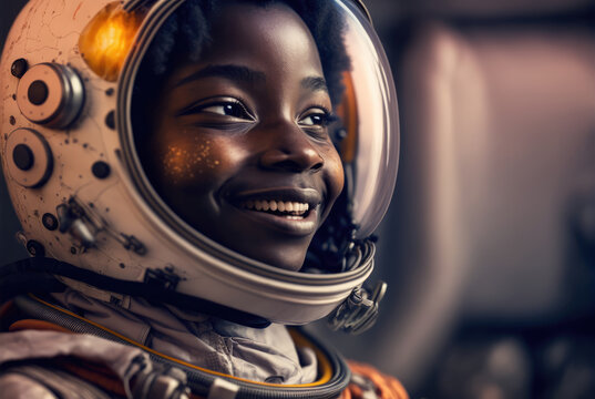 Beautiful Black African American Girl As Vintage Astronaut, Generative Ai