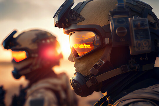 Soldiers in the Battlefield: Photorealistic Close-up of Warriors in Full Equipment with Reflection on Glasses and Helmets in Natural Light